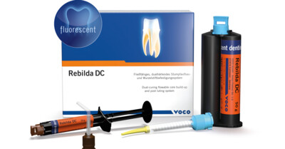 Rebilda DC fluorescent von VOCO: Das erste Stumpfaufbau- und Wurzelstiftbefestigungssystem mit aktivierbarer Fluoreszenz